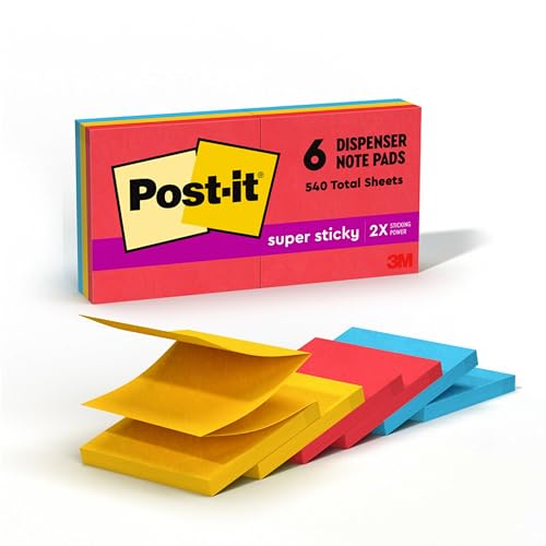 Post-it Super Sticky Dispenser Pop-up Notes, 6 Sticky Note Pads, 3 x 3 in., 2X The Sticking Power, New Year Organization or Second Semester School Supplies, Playful Primaries Collection