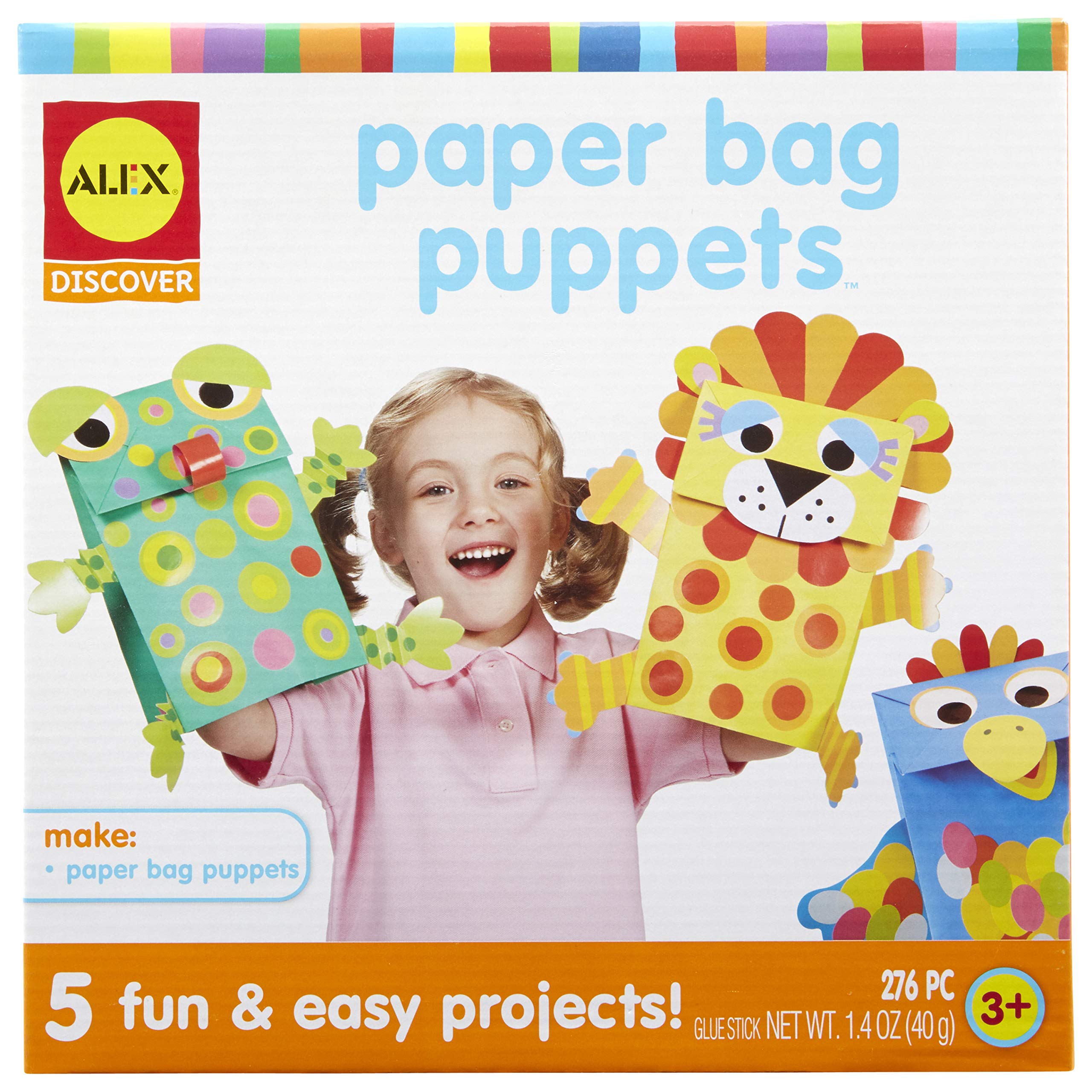 Book Cover ALEX Toys Paper Bag Puppets Kids Art and Craft Activity Multicolor, includes 5 colored bags, 270 stickers and paper shapes, glue stick and easy picture instructions