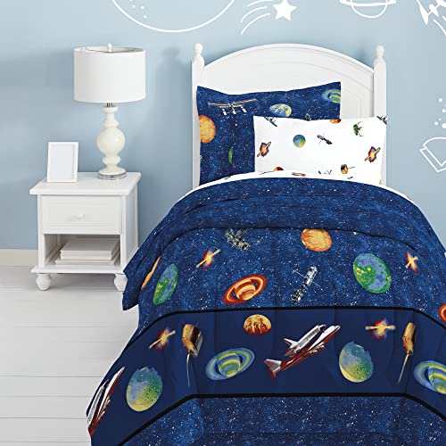 Book Cover Dream Factory Kids 8-Piece Complete Set with Bedskirt Easy-Wash Super Soft Comforter Bedding, Full, Blue Outer Space Satellites