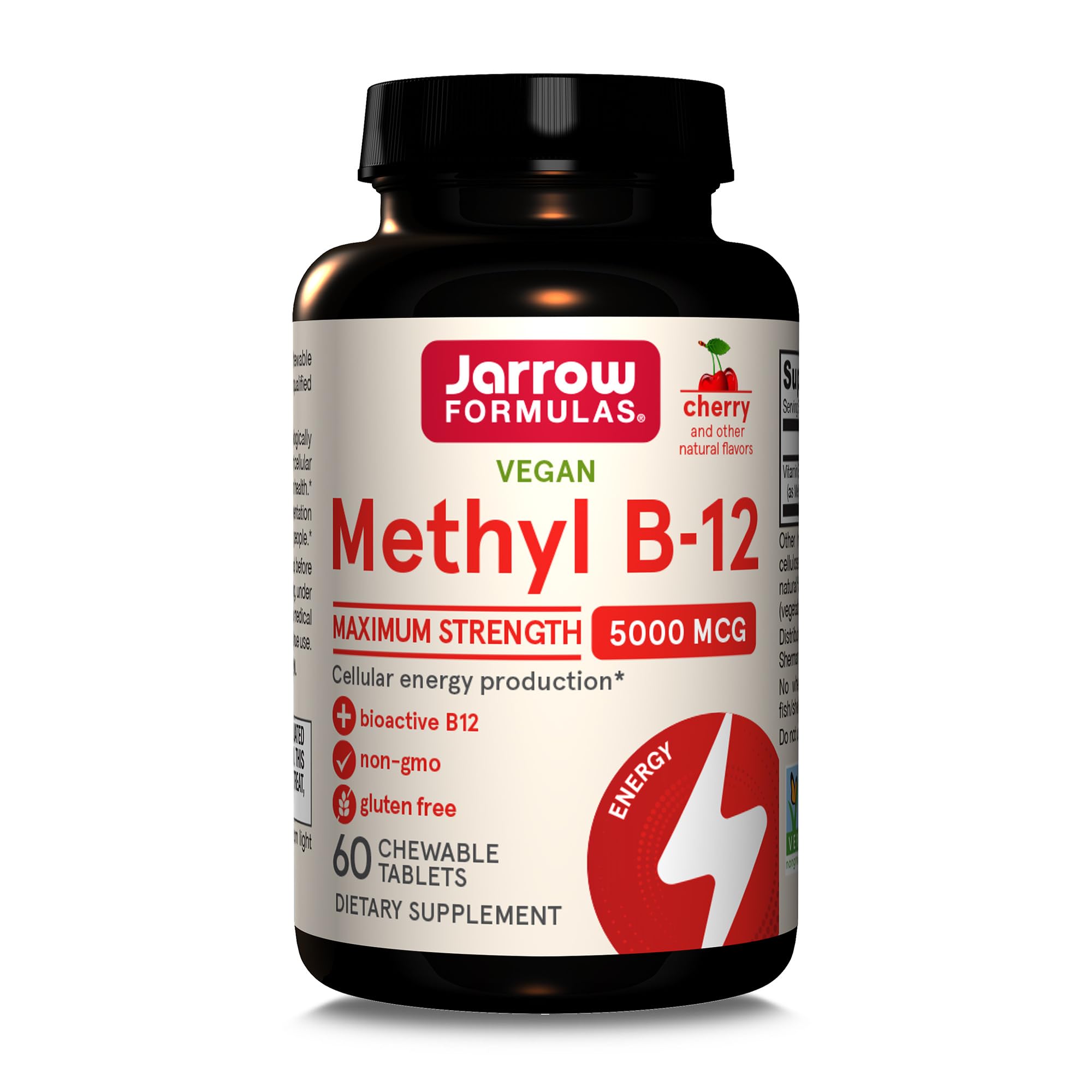 Book Cover Jarrow Formulas Maximum Strength Methyl B-12 5000 mcg - Dietary Supplement - 60 Cherry Flavored Chewable Tablets - Bioactive Vitamin B-12 - Supports Cellular Energy Production, Sleep & Brain Health 60 Count (Pack of 1)