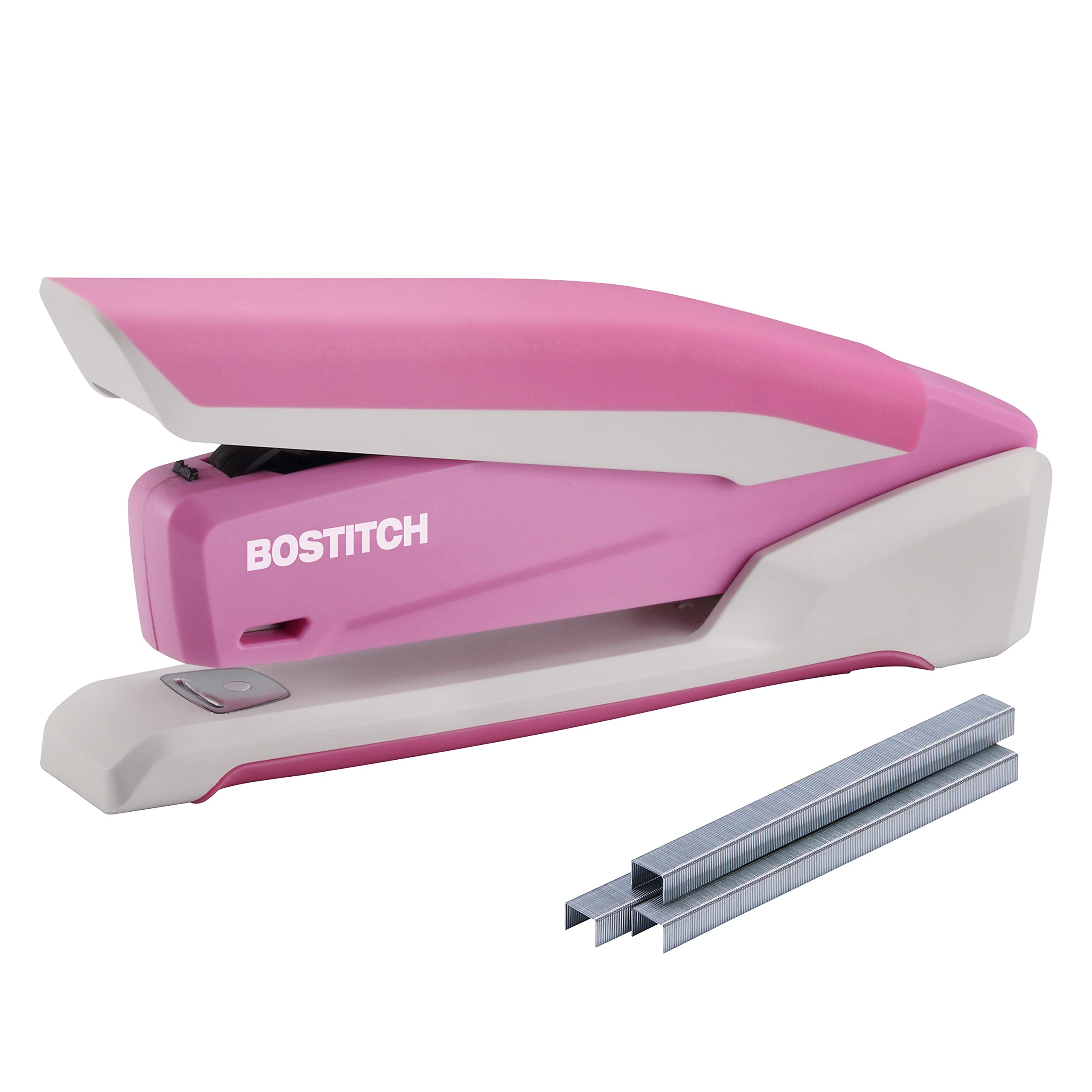 Book Cover Bostitch Office InPower Spring-Powered Desktop Stapler, 20 Sheet Capacity, One Finger Stapling, Includes 210 Staples, Jam Free, Opens for Tacking, Breast Cancer Awareness Pink