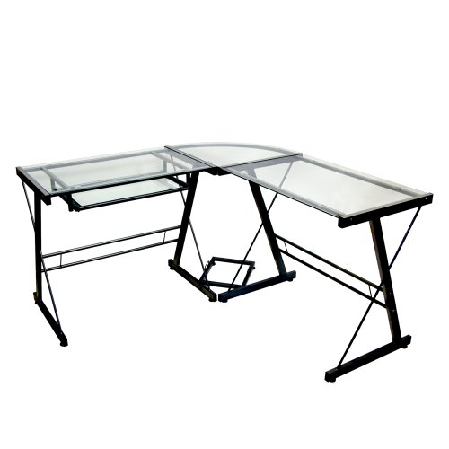 Walker Edison Ellis Contemporary Glass Top L Shaped Corner Computer Desk, 51 Inch, Black