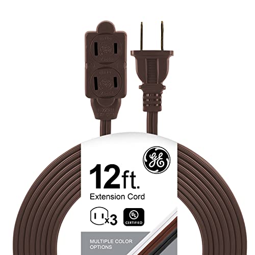 GE 3-Outlet Extension Cord with Multiple Outlets 12 Ft Power Strip 2 Prong 16 Gauge Twist-to-Close Safety Covers Indoor Extender UL Listed Brown 51952