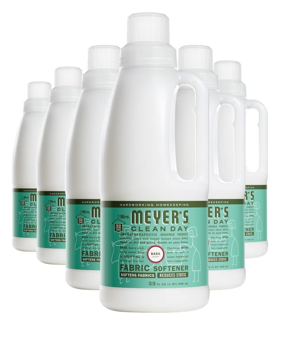 Mrs. Meyer's Liquid Fabric Softener, Infused with Essential Oils, Paraben Free, Basil, 32 oz - Pack of 6 (192 Loads)