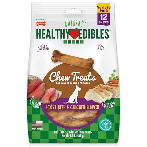Nylabone Healthy Edibles Natural Dog Chews, Long Lasting Bones for Dogs, Roast Beef & Chicken Flavor Dog Treats, Small (12 Count)