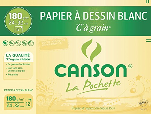 Canson - Pochette de 12 feuilles de papier dessin C A GRAIN 180g - 24x32cm