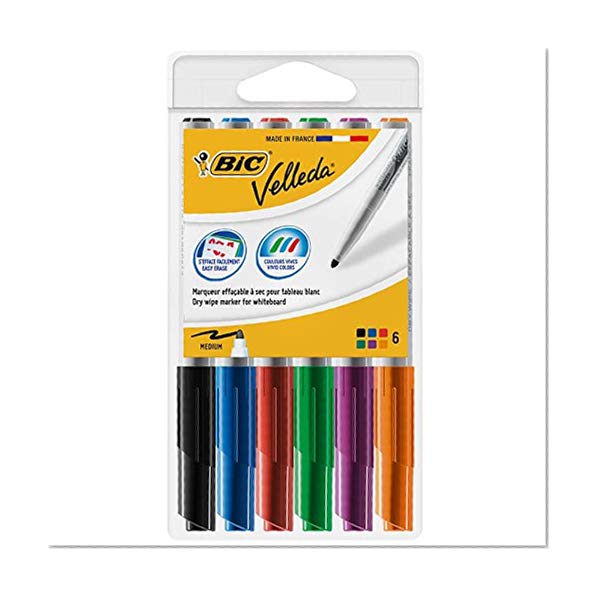 BIC Velleda 1741 Feutres pour Tableau Blanc Effaçables à Sec, Pointe Conique Moyenne - Couleurs Assorties, Pochette de 6