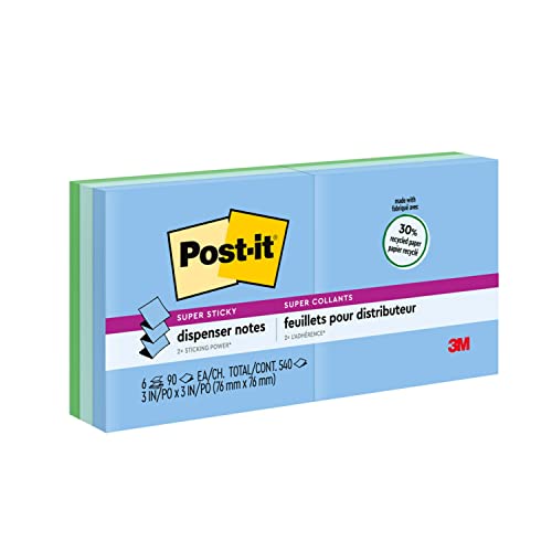 Post-it Super Sticky Pop-up Notes, 3x3 in, 6 Pads, 2x the Sticking Power, Bora Bora Collection, Cool Colors (Green, Light Blue, Blue, Mint, Green), Recyclable (R330-6SST)