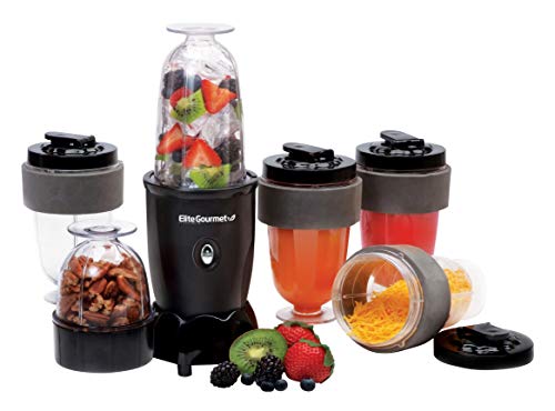 Elite Gourmet EPB-1800 17-Piece Personal Drink Mixer Blender, Sports Blender 16 Oz capacity, Includes Chopping and Blending Blade, Drink Lids and Extra Cups, Black