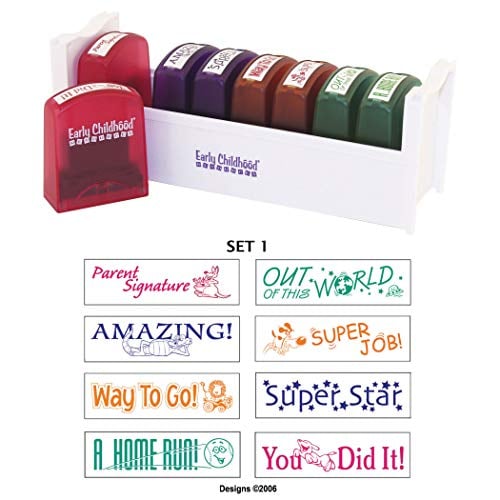 Book Cover ECR4Kids Motivation Teacher Stamps - Mess-Free Self-Inking School Grading Stamp Set with Storage Tray (8-Piece Kit)