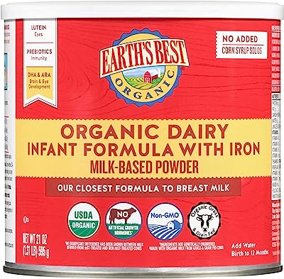 Book Cover Earth's Best Organic Baby Formula, Dairy Based Powder Infant Formula with Iron, Non-GMO, Omega-3 DHA and Omega-6 ARA, 21 oz