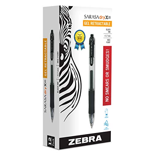 Zebra Pen Sarasa X20 Retractable Gel Ink Pens, Medium Point 0.7mm, Black, Rapid Dry Ink, 12 Pack (Packaging may vary)