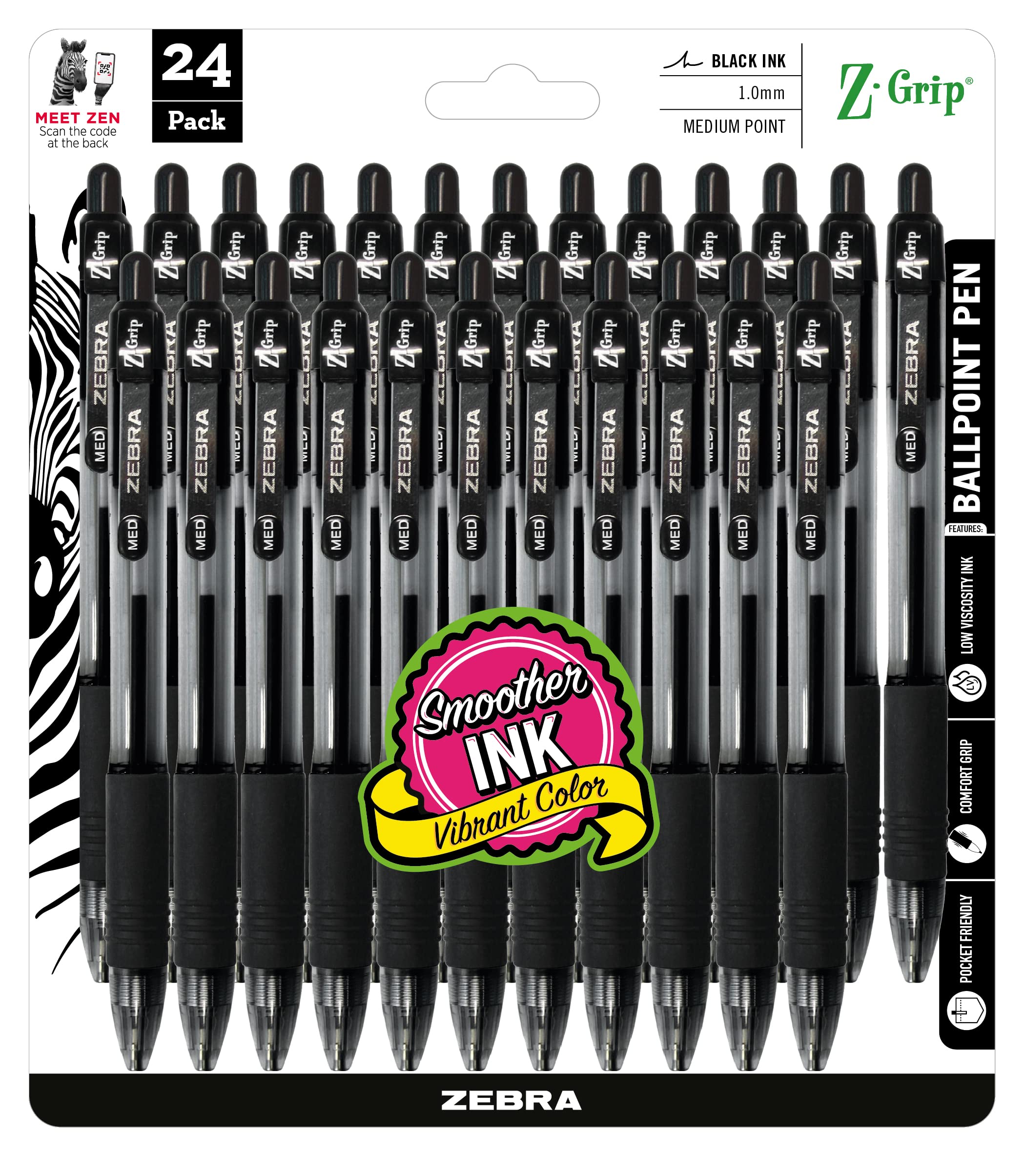 Book Cover Zebra Pen Z-Grip Retractable Ballpoint Pen, Medium Point, 1.0mm, Black Ink, 24 Pack (Packaging may vary) Black 24