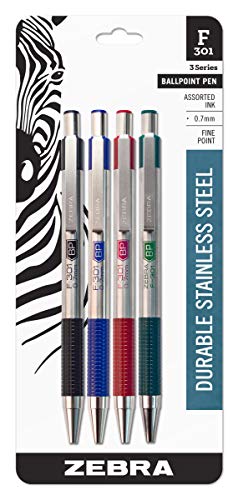 Zebra'S F-301 Stainless Steel Retractable Ballpoint Pen 0.7Mm Assorted 4 Pack (27174)