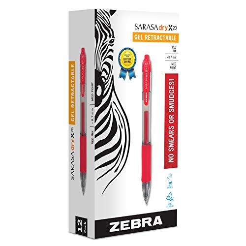 Book Cover Zebra Pen Sarasa X20 Retractable Gel Ink Pens, Medium Point 0.7mm, Red, Rapid Dry Ink, 12 Pack (Packaging may vary)