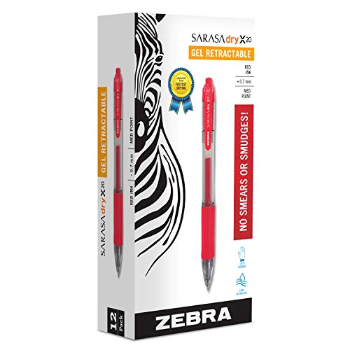 Zebra Pen Sarasa X20 Retractable Gel Ink Pens, Medium Point 0.7mm, Red, Rapid Dry Ink, 12 Pack (Packaging may vary)