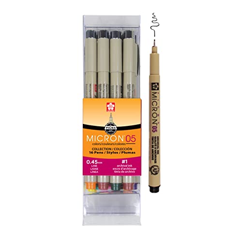 SAKURA Pigma Micron Fineliner Pens - Archival Black and Colored Ink Pens - Pens for Writing, Drawing, or Journaling - Black and Colored Ink - 05 Point Size - 16 Pack