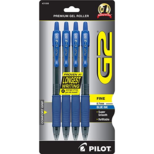 PILOT G2 Premium Refillable and Retractable Rolling Ball Gel Pens, Fine Point, Blue Ink, 4-Pack (31058)