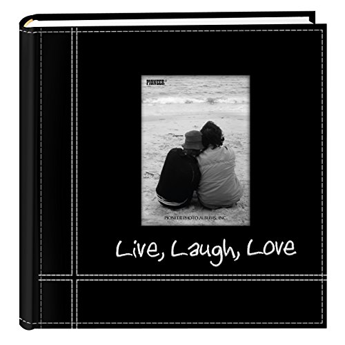 Book Cover Pioneer Photo Albums Embroidered Live, Laugh, Love Black Sewn Leatherette Frame Cover Album for 4