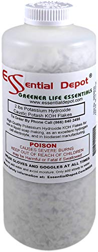 Book Cover Potassium Hydroxide Flakes KOH, 2 lbs Caustic Potash Anhydrous KOH Dry Electrolyte - HDPE Container with resealable Child Resistant Cap