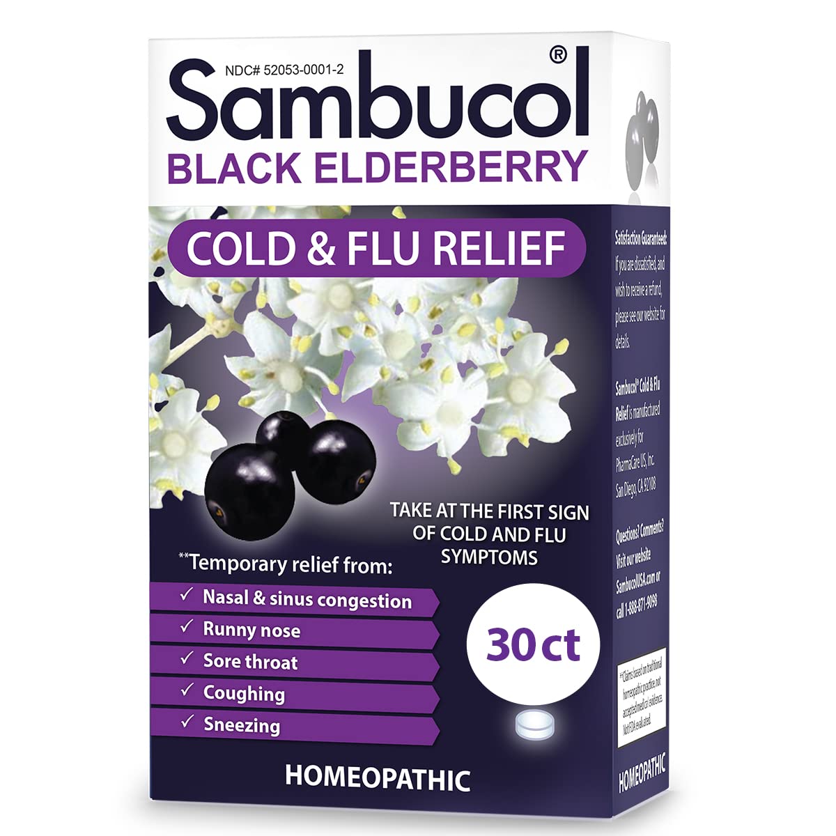 Book Cover Sambucol Cold and Flu Relief Tablets - Homeopathic Cold Medicine, Nasal & Sinus Congestion Relief, Use for Runny Nose, Sore Throat, Coughing, Cold Remedy for Adults - Black Elderberry, 30 Count 30 Count (Pack of 1)