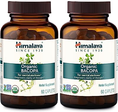 Himalaya Organic Bacopa Monnieri / Brahmi, Nootropic Brain Supplement Booster for Mental Sharpness, Focus, Memory, and Cognitive Wellness, 750 mg, 60 Caplets, 4 Month Supply, 2 Pack