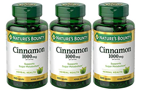Book Cover Nature's Bounty Cinnamon Pills and Herbal Health Supplement, Promotes Sugar Metabolism and Heart Health, 1000mg, 100 Capsules, 3 Pack