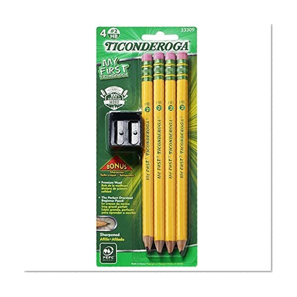 Book Cover Ticonderoga Wood-Cased My First Pencils, 2 HB Soft, Pre-Sharpened, With Eraser, Includes Bonus Sharpener, Yellow, 4 Count (33309)
