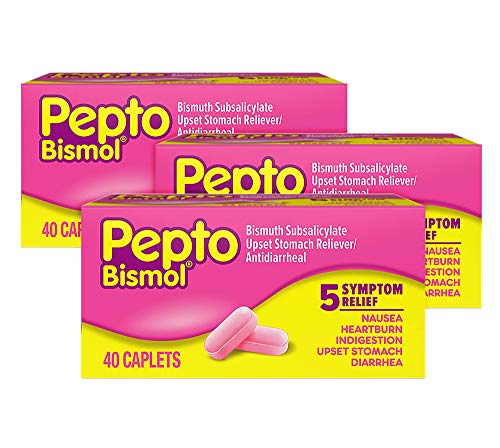 Book Cover Pepto Bismol Caplets, Upset Stomach Relief, Bismuth Subsalicylate, Multi-Symptom Relief of Gas, Nausea, Heartburn, Indigestion, Upset Stomach, Diarrhea, 40 Caplets (Pack of 3)