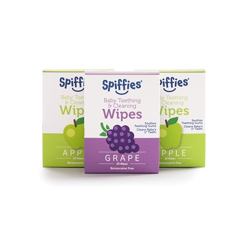 Spiffies Baby Teeth & Gum Wipes – Apple + Grape Variety Pack, Xylitol-Enriched Oral Care Wipes – Individually Wrapped – No Water Needed – Fluoride-Free – 60 Count (3 x 20)