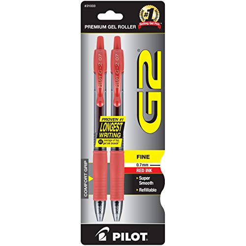 Pilot G2 Premium Gel Roller Pens, Fine Point 0.7 mm, Red Pens, Pack of 2 - Ideal for School, Journaling & Office Writing