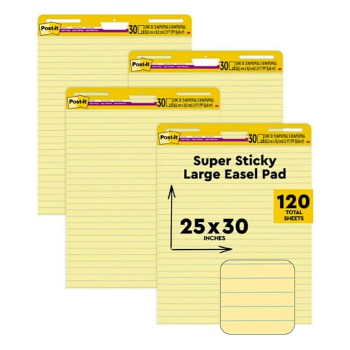 Post-it Super Sticky Easel Pad, 25 x 30 Inches, 30 Sheets/Pad, 4 Pads (561VAD4PK), Yellow Lined Premium Self Stick Flip Chart Paper, Super Sticking Power (561 VAD 4PK)