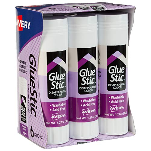 Book Cover Avery Glue Stic Disappearing Purple Color, 1.27 oz., Washable, Nontoxic, Permanent Adhesive, 6 Glue Sticks (98071)