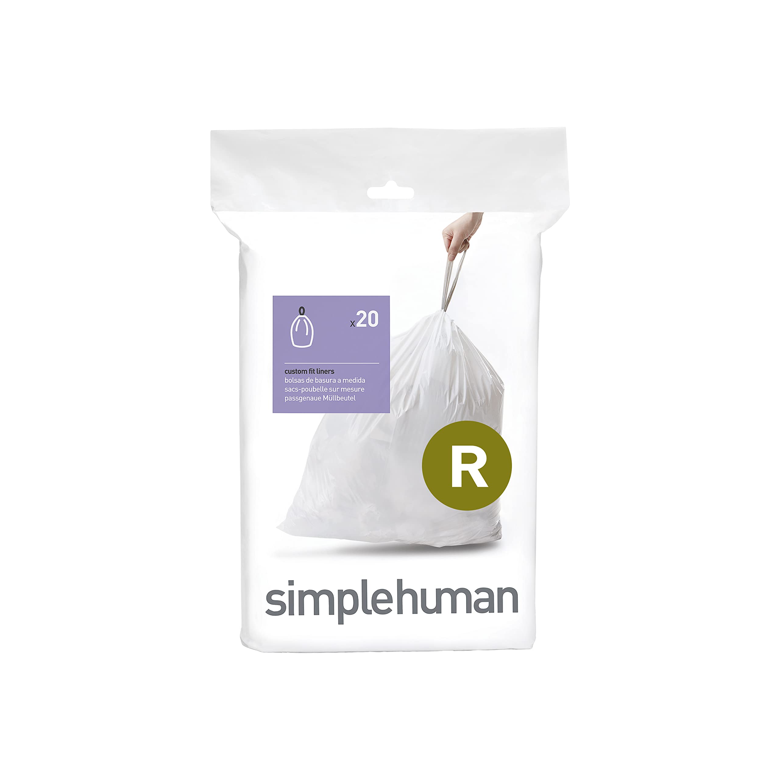 simplehuman Code R Custom Fit Drawstring Trash Bags in Dispenser Packs, 20 Count, 10 Liter / 2.6 Gallon, White 20 Liners Trash Bags