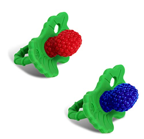 Book Cover RaZbaby RaZberry Silicone Baby Teether Toy (2-Pack) - Berrybumps Soothe Babies Sore Gums - Infant Teething Toy - Hands Free Design - BPA Free - Easy-to-Hold Design - Teething Relief Pacifier Red&Blue