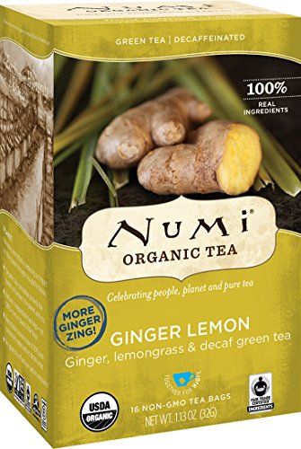 Numi Organic Tea Ginger Lemon, 16 Count Box of Tea Bags, Decaf Green Tea (Packaging May Vary)