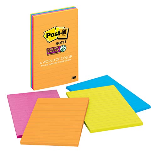 Book Cover Post-it Super Sticky Notes, 2x Sticking Power, 4 in x 6 in, Rio de Janeiro Collection, Lined, 4 Pads/Pack, 45 Sheets/Pad (4621-SSAU)