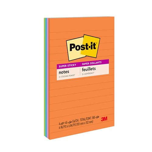 Post-it Super Sticky Notes, 2x Sticking Power, 4 in x 6 in, Rio de Janeiro Collection, Lined, 4 Pads/Pack, 45 Sheets/Pad (4621-SSAU)