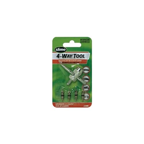 Book Cover Slime 20088 Valve Tool, 4-Way, Plus Valve Cores for All Types of Tire 4-way Valve Tool