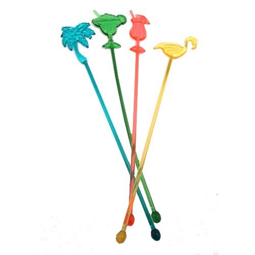 25 Assorted Tropical Luau Tiki Drink Stir Swizzle Sticks Bar - Palm Tree, Margarita, Frozen Drink Cocktail, Flamingo