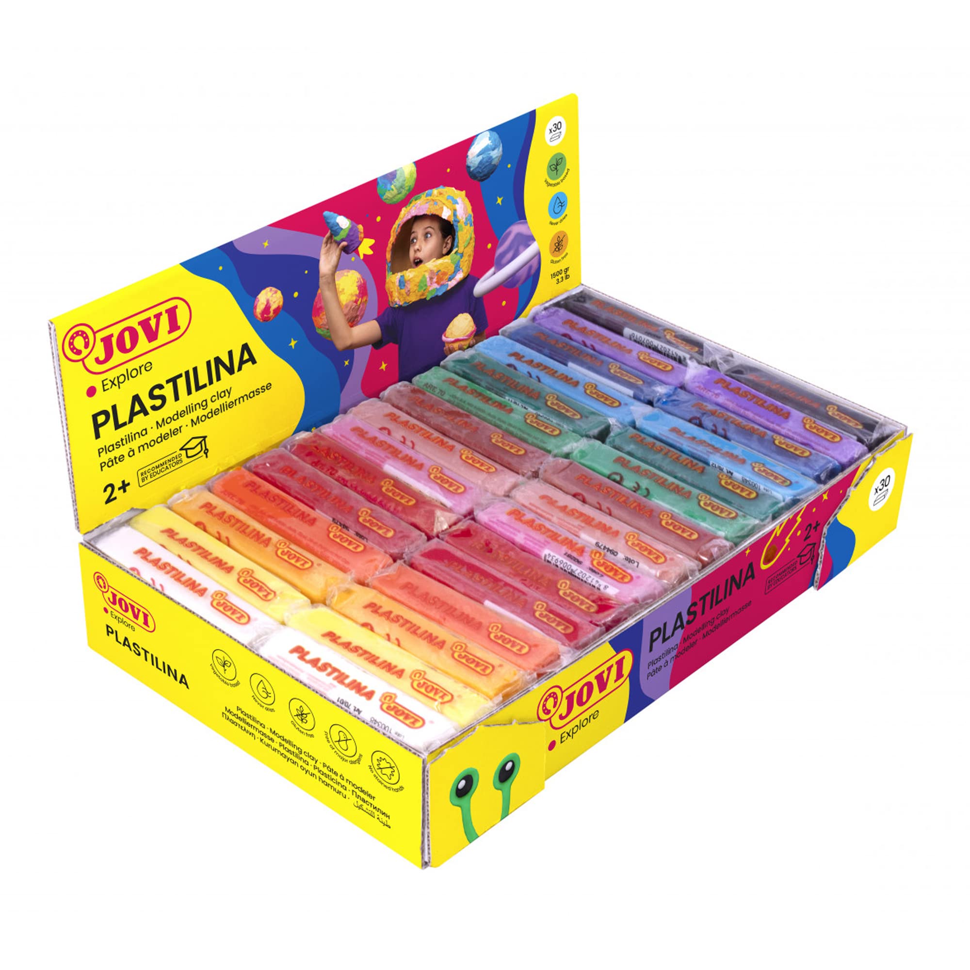 Jovi Plastilina Reusable and Non-Drying Modeling Clay; 1.75 Oz. Bars, Set of 30, 2 Each of 15 Colors, Perfect for Arts and Crafts Projects, Multicolor Set of 30 Multicolor