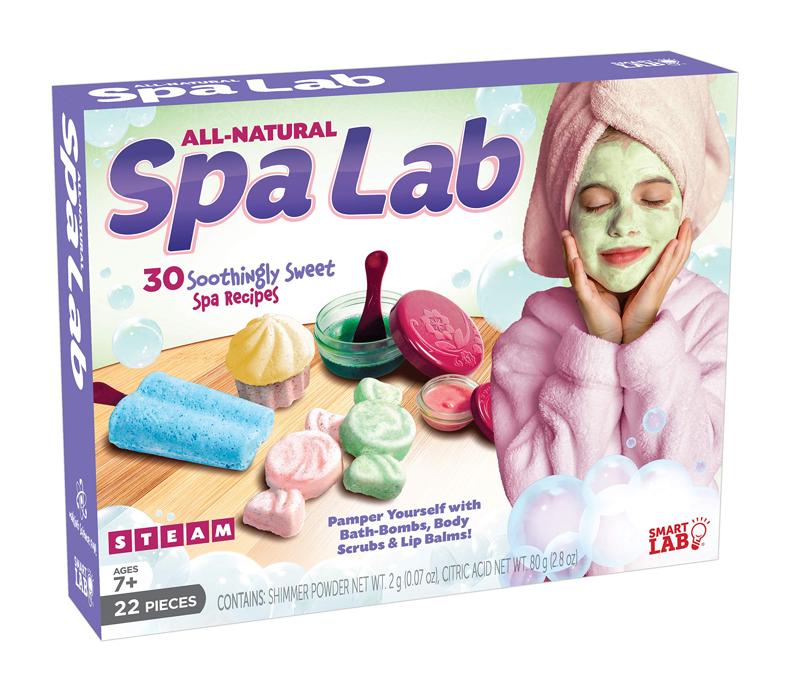Book Cover SmartLab Toys All Natural Spa Lab - 22Piece - 30 Soothing Spa Recipes - Includes 4 Bath Bomb Molds & 2 Lip Balm Pots