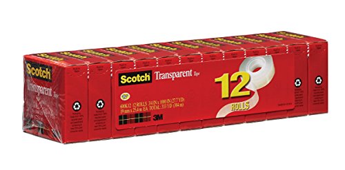 Book Cover Scotch Transparent Tape, Glossy Finish, Cuts Cleanly, Engineered for Office and Home Use, 3/4 x 1000 Inches, Boxed, 12 Rolls (600K12)