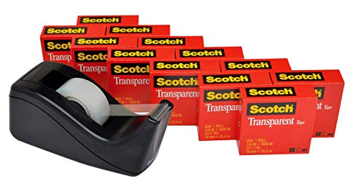 Book Cover Scotch Brand Transparent Tape with C60 Desktop Dispenser, Versatile, Cuts Cleanly, Engineered for Office and Home Use, 3/4 x 1000 Inches, Boxed, 12 Rolls, 1 Dispenser (600K-C60)