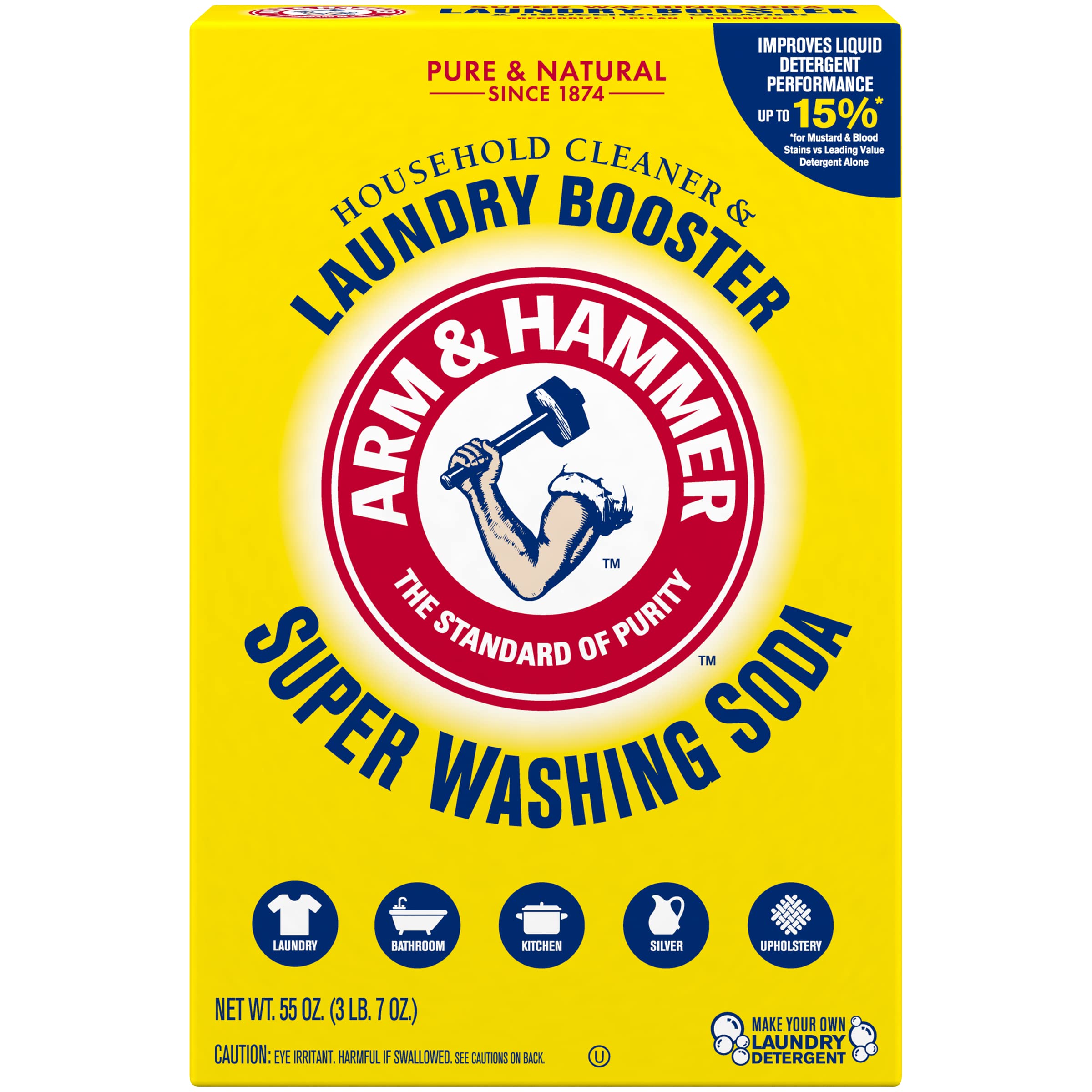 Book Cover ARM & HAMMER Super Washing Soda Household Cleaner and Laundry Booster, Versatile Natural Home Cleaner, Powder Laundry Additive and Cleaner, 55 oz Box Unscented  3.43 Pound (Pack of 1)