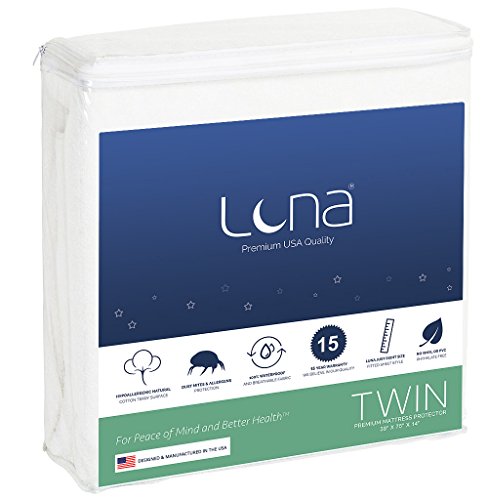 Book Cover LunaSize Mattress Protector - Waterproof Mattress Cover w/ Absorbent Cotton Terry Surface - Noiseless, Breathable Topper - 100% Sourced & Produced in The USA
