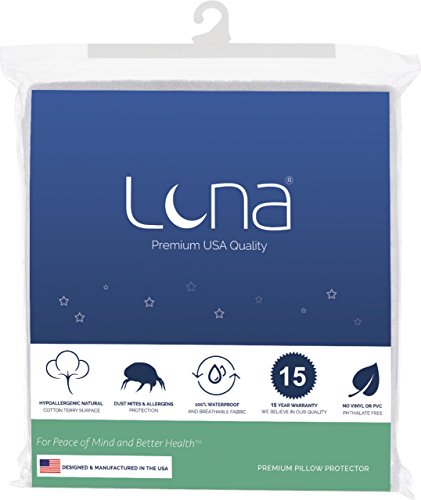 Luna Standard Size Premium Hypoallergenic Bed Bug Proof Zippered Waterproof Pillow Protector (1) - Made in The USA - Vinyl Free