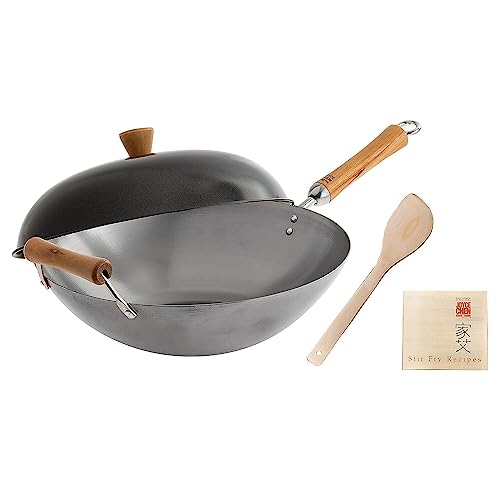 JOYCE CHEN Classic Series 14-Inch Uncoated Carbon Steel Wok Set with Lid and Birch Handles, 4 Pieces