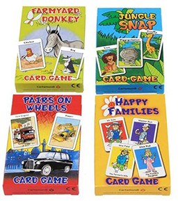 Cartamundi Lot de 4 jeux de cartes assortis pour enfants Farmyard Donkey, Happy Families, Jungle Snap et Pairs On Wheels