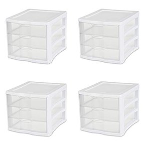 Sterilite 17918004 3 Drawer Unit, White Frame with Clear Drawers, 4-Pack